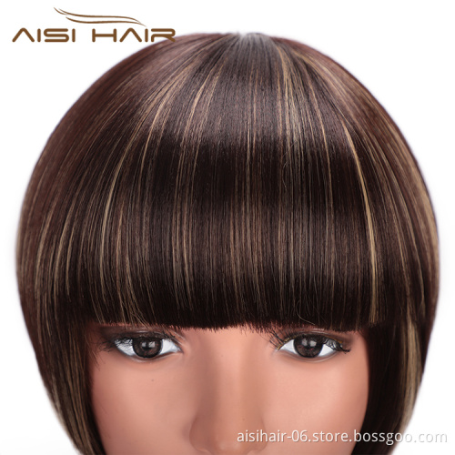 Aisi Hair Short Straight Bob Wigs Heat Resistant Synthetic Fiber Brown Blonde  Mixed Colors Short Bob Wigs with Neat Bangs